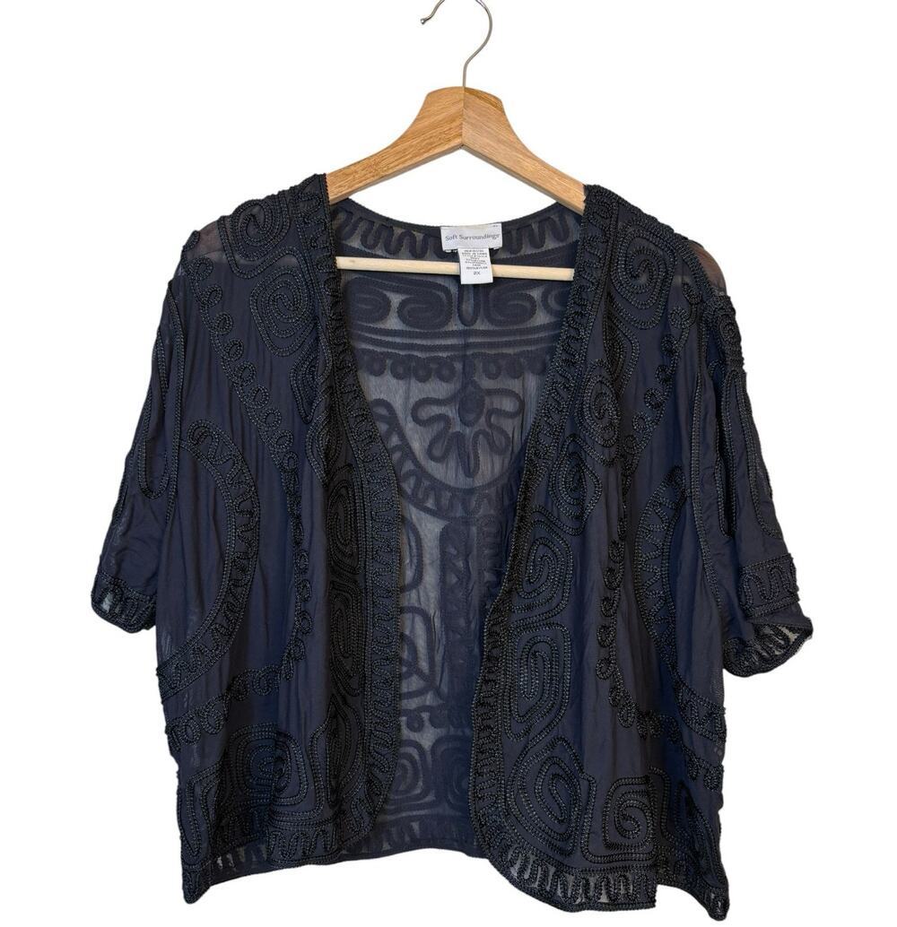 VTG Soft Surroundings Sheer Open Font Embroidered Mesh Cardigan 2X Black Boho